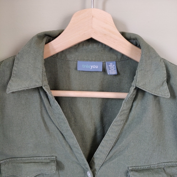 Tres You Green Linen Blend Button-Up Short Sleeve Size 12 - Picture 8 of 12